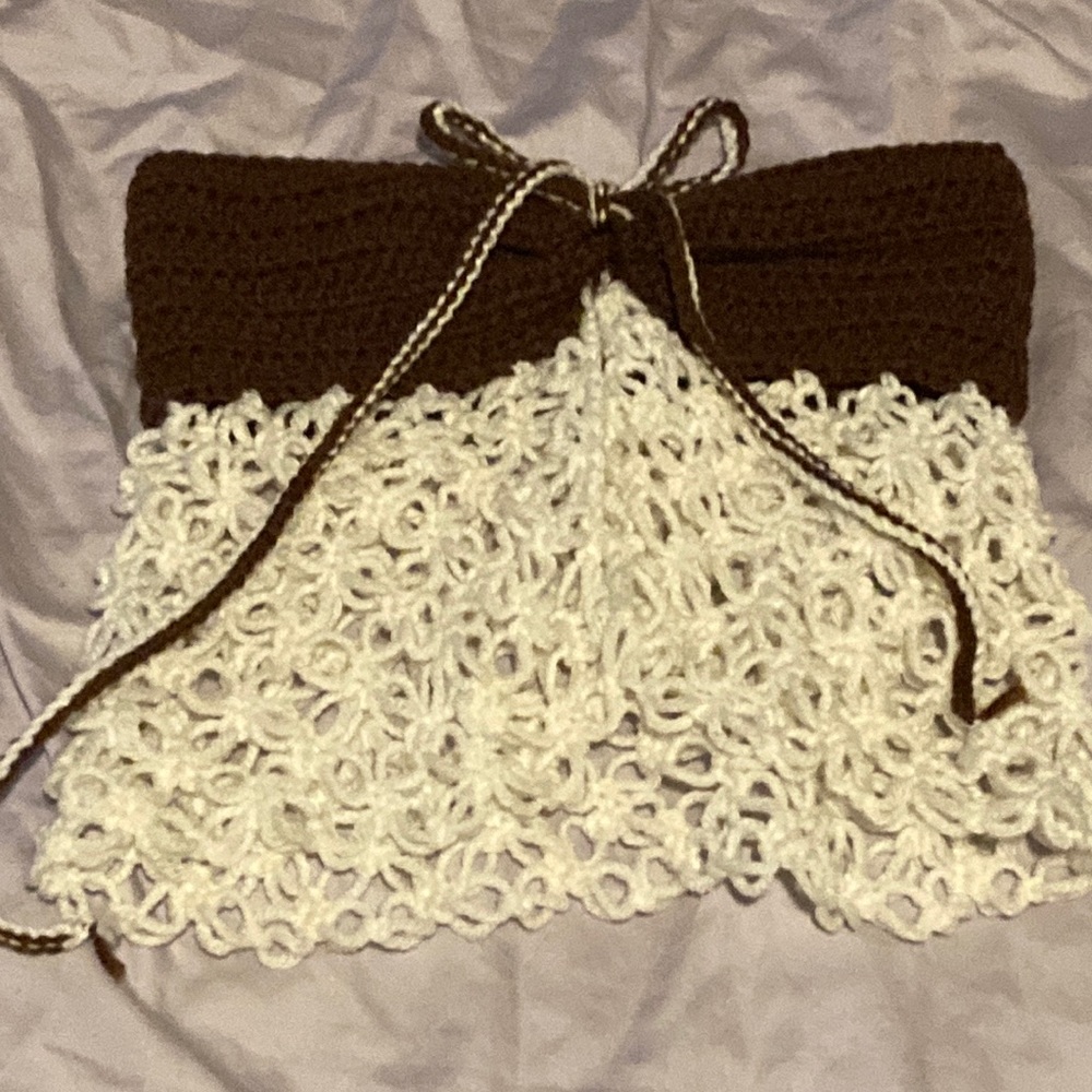 Brown and white crochet tube top